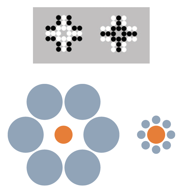 Figure 1. Top. The Solitaire illusion. Despite both figures having 16 white and 16 black dots, humans’ initial impressions of these arrays often is that there are more white dots than black dots in the array at left and more black dots than white dots in the array at right. These stimuli were presented in Agrillo et al. (2014) and Parrish et al. (2016) to children, chimpanzees, and monkeys. Bottom. The Ebbinghaus-Titchener illusion. As a result of the juxtaposition of circles, the central orange circle surrounded by blue large circles (left image) appears smaller than the central orange circle surrounded by small blue circles (right image).