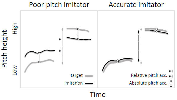Figure 5. Poor-pitch imitators (left) produce vocalizations that do not match the target sounds in absolute or relative pitch, whereas typical adult humans (right) match both spectral features.