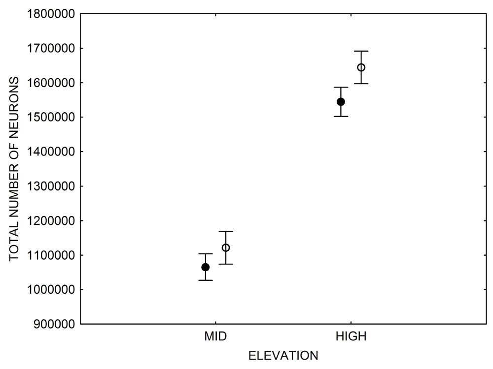 Figure 3E. Mountain chickadees: the number of neurons in captive vs. wildcaught birds.
