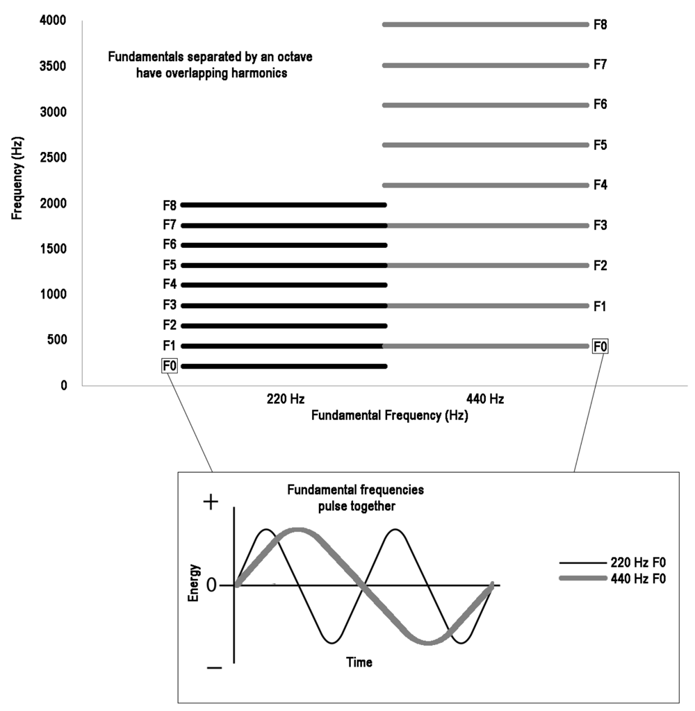 Figure 1. The pitch interval with the greatest harmonic overlap (outside of unison) is the octave. Here we demonstrate this with an example using 220 Hz (A3) and 440 Hz (A4). The upper portion of the figure shows the fundamental (F0) and first eight harmonics (F1–F8) of both 220 Hz and 440 Hz side by side. Below, the fundamental frequencies are displayed on their own as sinewaves to show the simplicity of the ratio between them that allows them to be heard as one sound by a listener as they pulse in time with each other.
